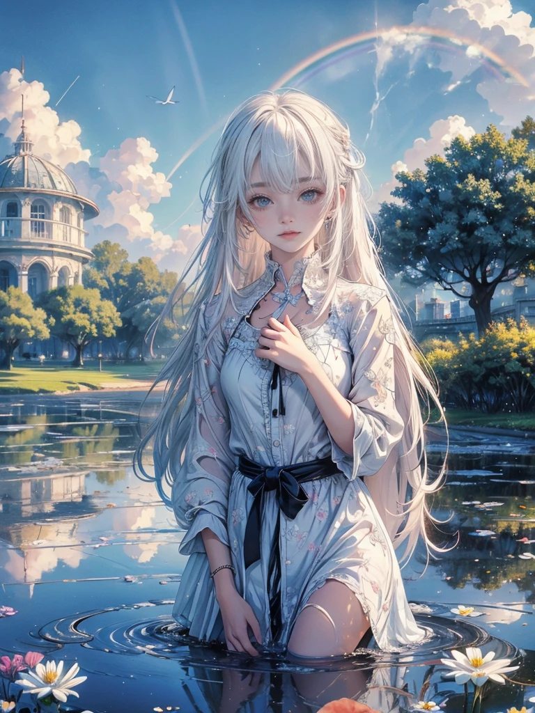 high quality, top quality,high resolution,1girl,solo,cute,white hair and long hair,after the rain, blue sky,rainbow in the sky,in park, puddle,wet flower