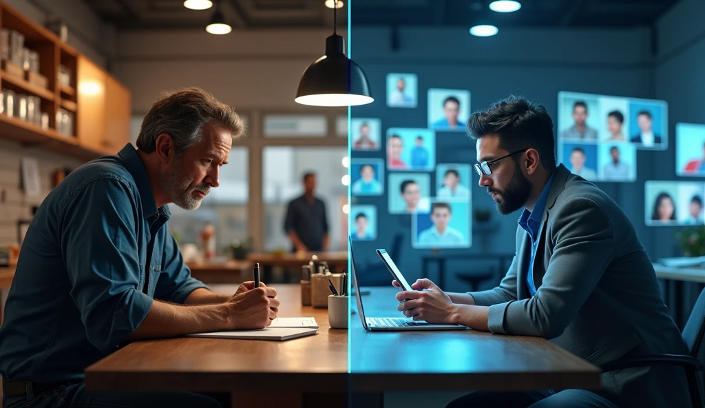 photo split in two. two men, each facing in the opposite direction to the other. They both own their own business.. The man on the left is leaning on the counter of his empty shop and looks tired as he writes something down on a notebook.. The man on the right looks energetic and interacts via a digital device with a dozen customers whose avatars appear in the space in front of him.