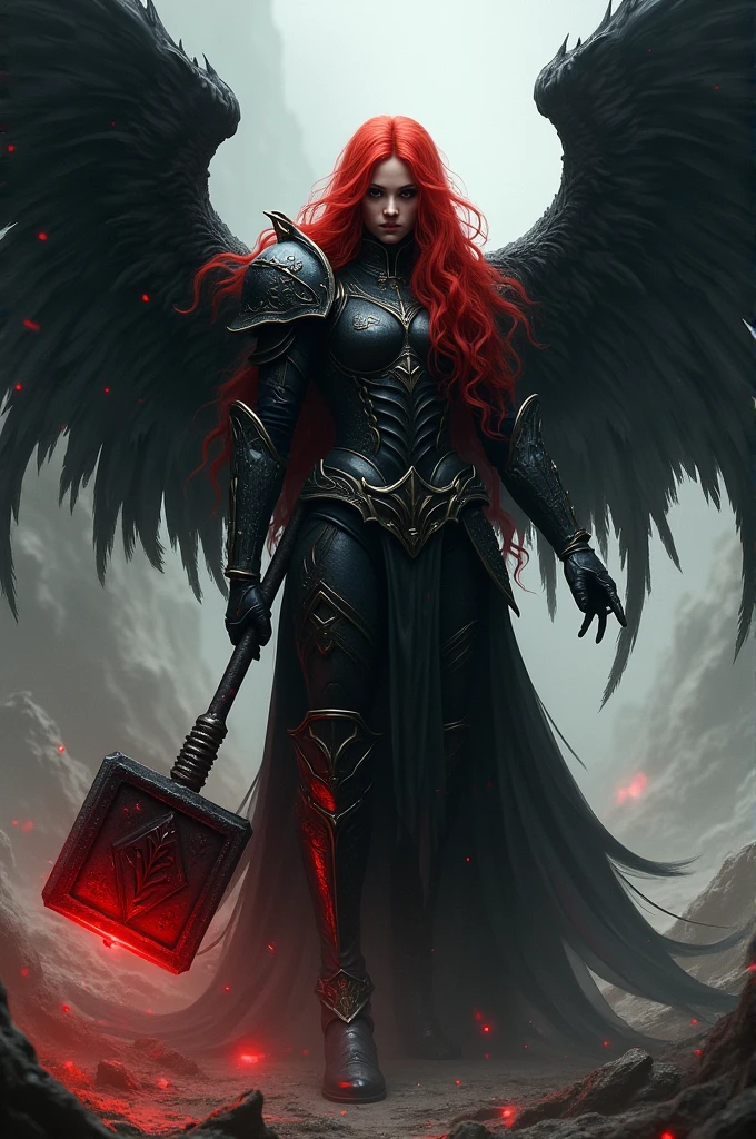Fallen angel with long red hair, black eyes, armor black, black wings with a big red hammer