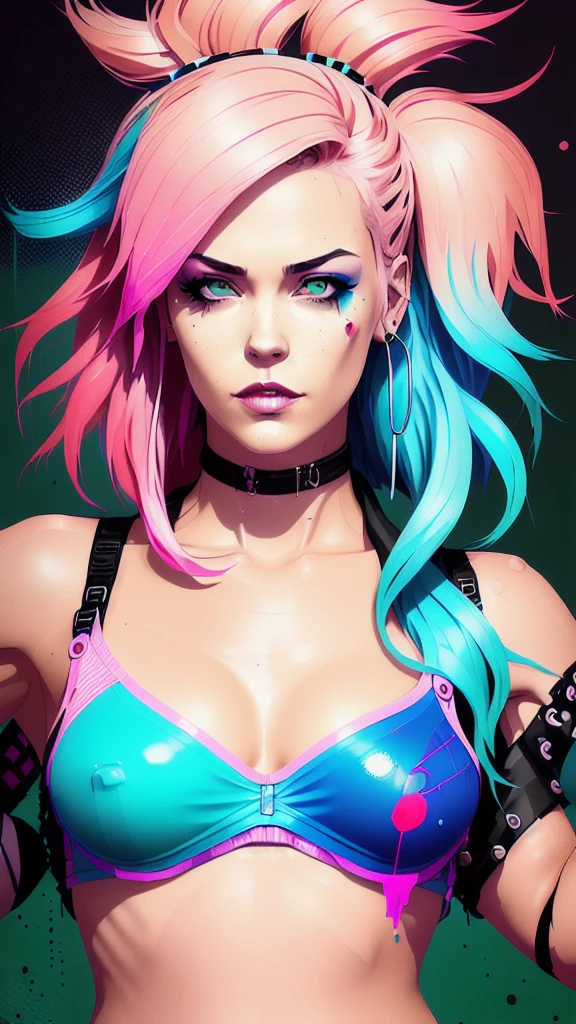 swpunk style synthwaveaward winning half-length portrait of a woman in a motel, big breasts and hot body naked, with teal navy blue ombre hairstyle with flying hair, paint splatters, splashes, overdrive, vaporware, shaded flat illustration, art digital, artstation trends, highly detailed, fine detail, intricate,