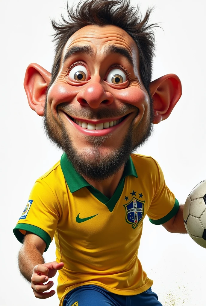 A very funny caricature of the Brazilian soccer team, with a very big head, thin legs, and big hands, wearing the Brazil national team jersey and playing soccer. The background should be completely white.