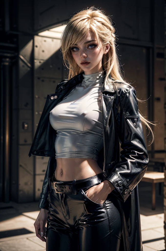 cowboy shot,a pretty 2 girl,blond hair,blue eyes,lora_Emma,slim athletic body,tight and stretched white blouse with buttons,button gap,short sleeves,ultra low rise black shiny latex pants,(double metal belt),empty studiobackground,((black coat on shoulders)),(tight sleeves),(best quality,4k,8k,highres,masterpiece:1.2),ultra-detailed,(realistic,photorealistic,photo-realistic:1.37),dramatic lighting,cinematic,fashion photography,studio lighting,high contrast,vivid colors,beautiful detailed eyes,beautiful detailed lips,extremely detailed eyes and face,long eyelashes, touching hair