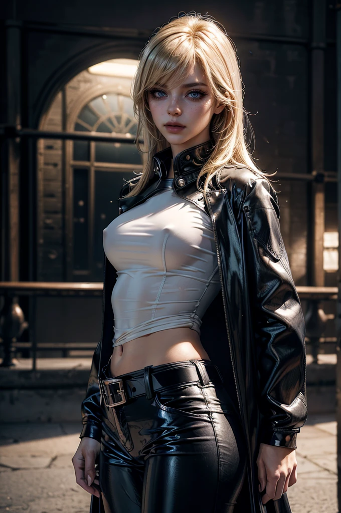cowboy shot,a pretty 2 girl,blond hair,blue eyes,lora_Emma,slim athletic body,tight and stretched white blouse with buttons,button gap,short sleeves,ultra low rise black shiny latex pants,(double metal belt),empty studiobackground,((black coat on shoulders)),(tight sleeves),(best quality,4k,8k,highres,masterpiece:1.2),ultra-detailed,(realistic,photorealistic,photo-realistic:1.37),dramatic lighting,cinematic,fashion photography,studio lighting,high contrast,vivid colors,beautiful detailed eyes,beautiful detailed lips,extremely detailed eyes and face,long eyelashes, touching hair