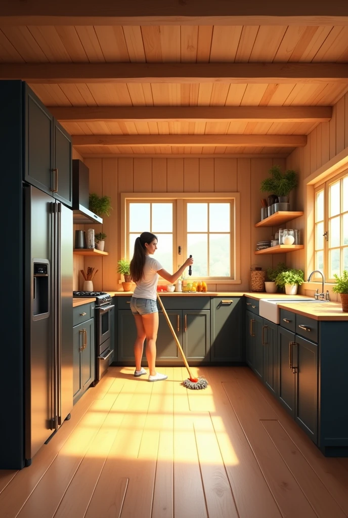 A very large kitchen with yellow light with floors, ceiling and walls made of wood in a not so dark color, two refrigerators and the cabinets are black and a woman is cleaning