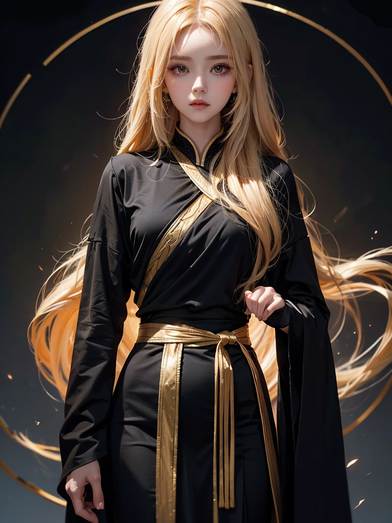 Runic Background、Wearing a black robe、Mage's Clothing、golden hair color、look at the viewer、masterpiece、cute woman、Wearing elegant school clothes