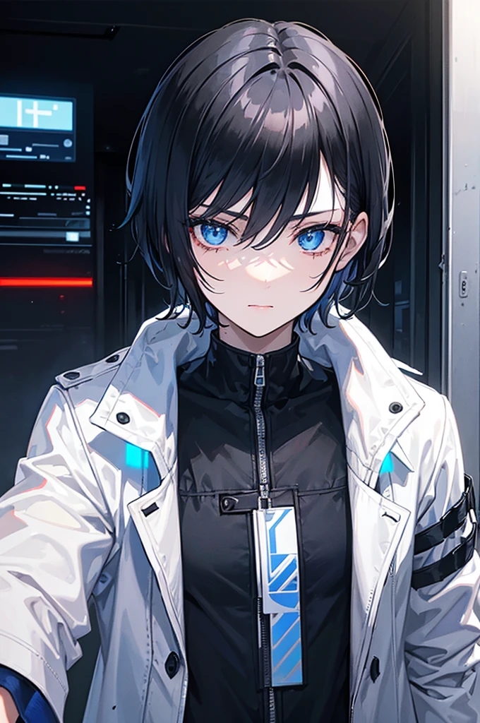 Face_through_torso, ((1man)), short_hair(Black_Hair, Dirty Hair), Blue_Eyes, hair_between_eyes, White_Trench Coat (Cyberpunk), hand_in_pocket, Light_face