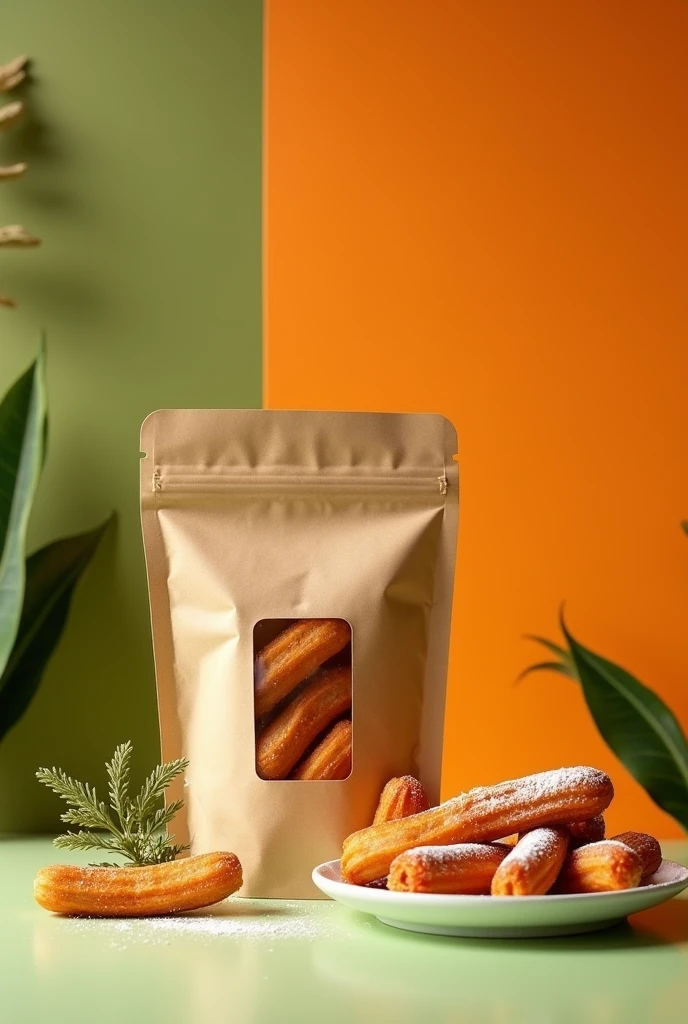 a small bag-type packaging for food with nothing inside made of biodegradable and environmentally friendly kraft paper with a small transparent plastic sheet that allows you to see what is inside, with an orange background and a gradient in shades of green and light green and a small plant, and a plate with some Spanish style churros with sugar on top near the bag