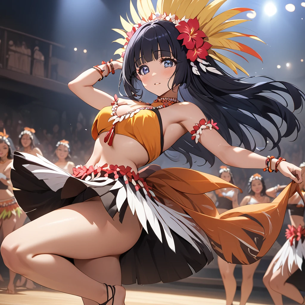 ((Highest quality)), ((masterpiece)), (detailed), （Perfect Face）、The woman is Reika Aoki with semi-long hair、The woman is wearing a Tahitian dance costume and dancing the Tahitian dance Toere.