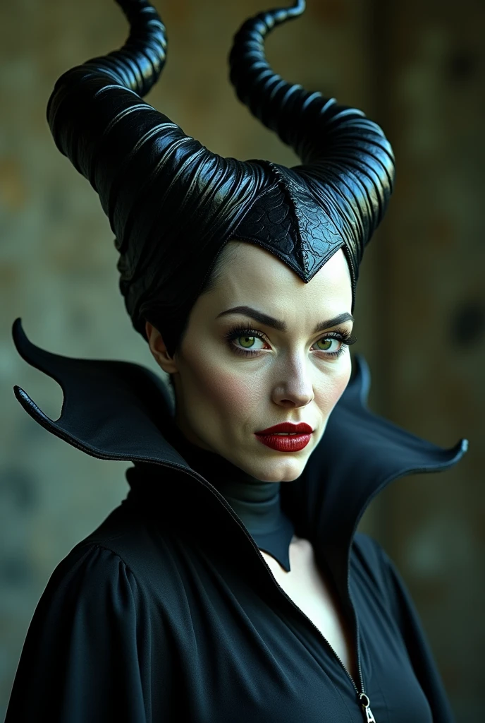 Stunning mid shot portrait, skin texture, high detail, Maleficent in the process of transforming into a dragon, she is not quite human, yet not quite a dragon
