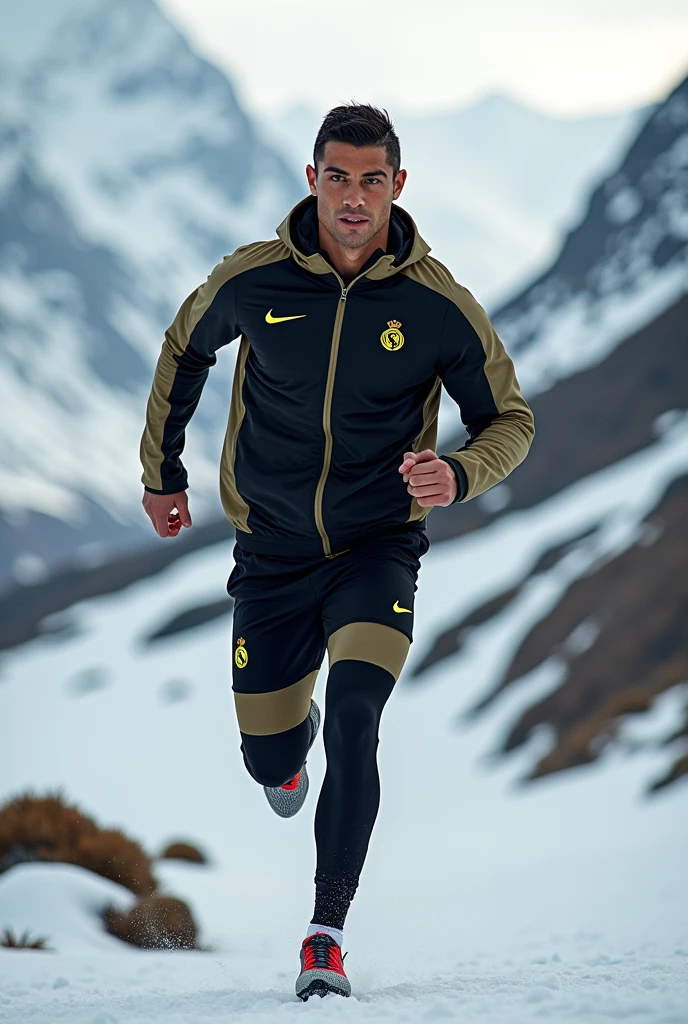 Cristiano Ronaldo ;portant un survêtement nike noir et kaki;sur les montagnes;entrain de s'entraîner;en hiver