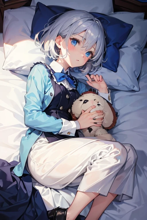 One with his aristocratic clothes,your bright blue eyes,her short silver hair,with slightly blue highlights,your little face was cute,your bed was messy!