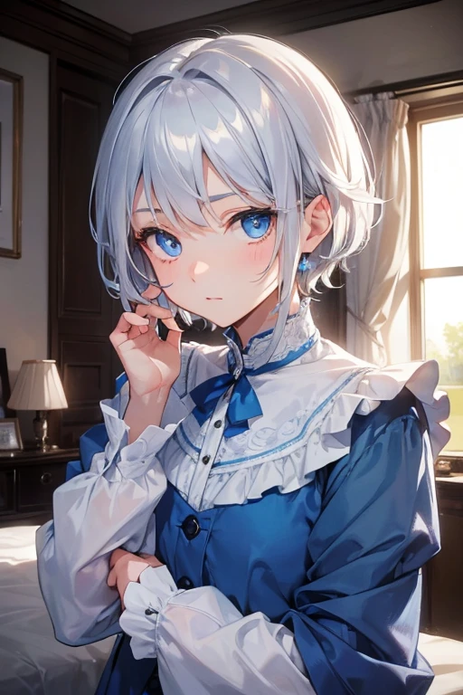 One with his aristocratic clothes,your bright blue eyes,her short silver hair,with slightly blue highlights,your little face was cute,your bed was messy!