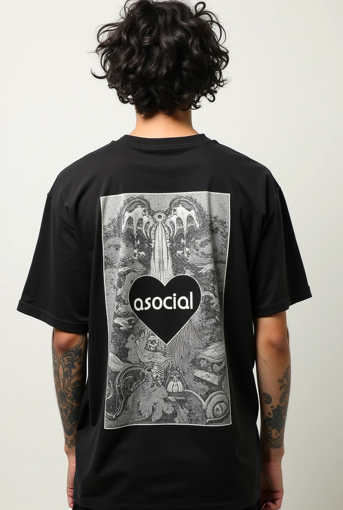 Tee-shirt imprimé avec une illustration dans un grand rectangle dans le dos. Le logo Asocial sera imprimé a l'endroit du coeur sur le tee-shirt 