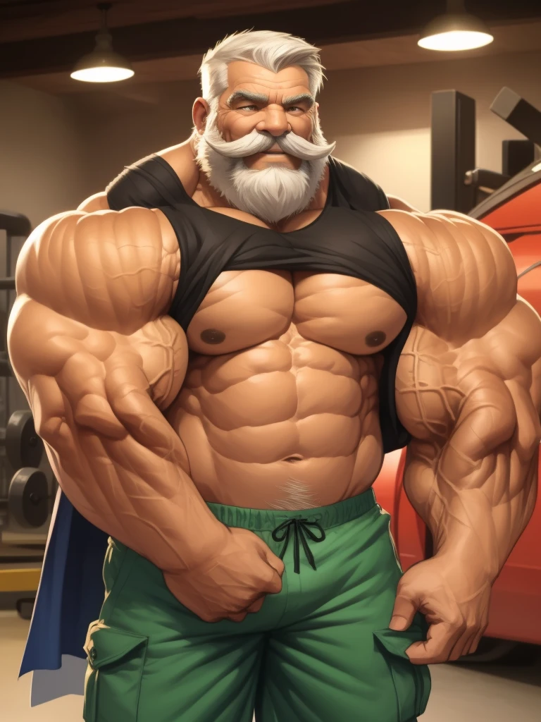 1boy, 1man, solo, gigantic, hyper detailed, (topless, shirtless, cargo shorts), well-muscled old man, bearded, thick mustache. ((extremely huge muscular, massive muscular, extremely muscle size, super thick arms, huge pec, hyper pec, extremely wide pectoral , huge arms)), wide smiling. Add textures and details to make the image more realistic, such as the appearance of the. Make sure the resulting image is high resolution, 8K quality