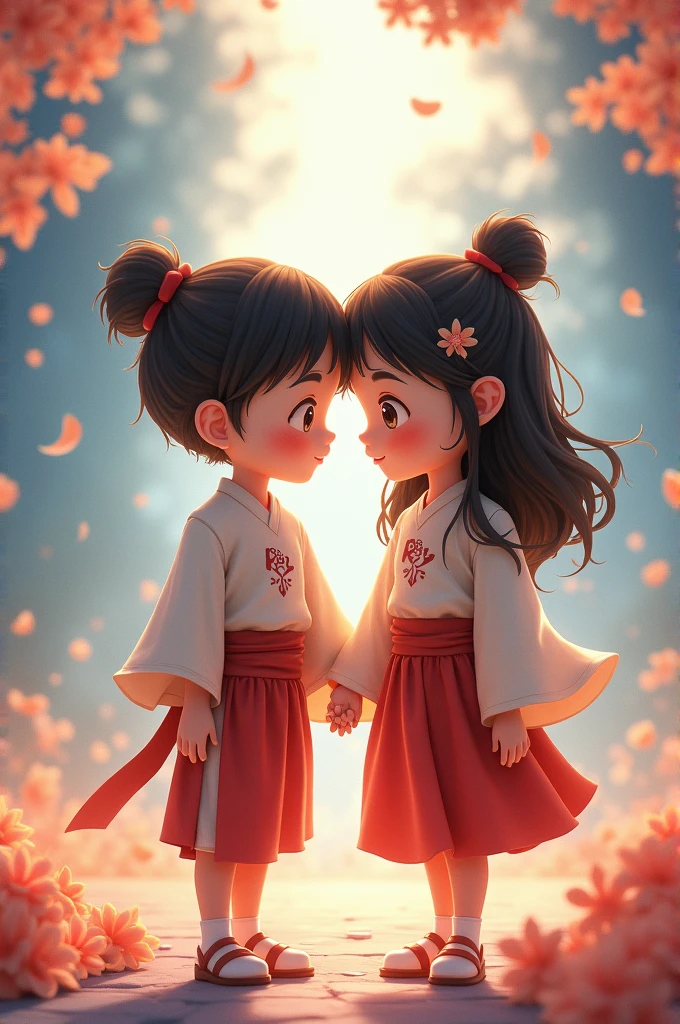 A boy and a girl are standing holding hands, the girl's name is Riya written on the chest of the genji and the boy's name is Raj on the chest of the genji.