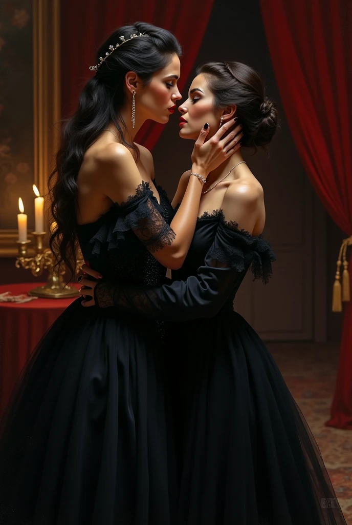 A highly realistic and emotional depiction of Lady Seraphina d’Aurelis at her weakest moment, being seduced by Lady Althea Voss. The scene takes place in a dimly lit, intimate chamber within the palace. Seraphina, dressed in her dark, elegant gown, looks emotionally fragile, her usual strength shattered by grief and doubt. Althea, wearing a sophisticated and subtly seductive dark gown, is close to Seraphina, gently touching her face and whispering comforting words. Althea's expression is both tender and calculating, as she seduces Seraphina, manipulating her in this vulnerable state. The room is filled with rich, dark tones, heavy drapes, and soft candlelight, creating an atmosphere of intimacy and secrecy. The art style is realistic, with an oil painting texture that captures the complexity of emotions and the subtle power dynamics between the two women.