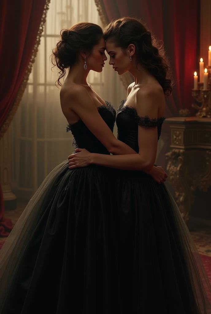 A highly realistic and emotional depiction of Lady Seraphina d’Aurelis at her weakest moment, being seduced by Lady Althea Voss. The scene takes place in a dimly lit, intimate chamber within the palace. Seraphina, dressed in her dark, elegant gown, looks emotionally fragile, her usual strength shattered by grief and doubt. Althea, wearing a sophisticated and subtly seductive dark gown, is close to Seraphina, gently touching her face and whispering comforting words. Althea's expression is both tender and calculating, as she seduces Seraphina, manipulating her in this vulnerable state. The room is filled with rich, dark tones, heavy drapes, and soft candlelight, creating an atmosphere of intimacy and secrecy. The art style is realistic, with an oil painting texture that captures the complexity of emotions and the subtle power dynamics between the two women.