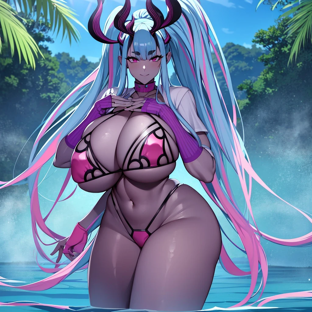 Beautiful anime art style,colorful digital fantasy art,perfect lighting, cinematic shadows,Highres,Real person CG,cleavage, masterpiece, best quality,Outrageous resolution,top quality, beautiful wallpaper girl art, 8 thousand,super detailed skin,sharp focus,depth of field,masterpiece,ultra-definition,4K+,8K+,Anime girl,2D,1 girl,solo, curvy, very wide hips, big ass, narrow waist, thick thighs, very huge breasts, large breast ,Anatomically correct, A beautiful woman, 20th Generation, Beautiful breasts,huge breasts:1.82,big breasts, sexy body, body curve, slender body,distinct_image, highly detailed, semi realistic,beautiful anime style,focus face,focus body shape,vibrant colors,detailed hands, detailed finger ,close up,tann skin,hentai girl,very tan skin,gyaru girl, character: ibuki douji( fgo ),( fate grand order ),oni girl,demon girl,massive,full height,has four black-and-purple curled horns on head, colored skin,purple skin,grey skin, purple-grey skin,light blue hair,long blue hair,long blue hair with pink streaks, mature woman, milf, tall woman, motherly:1.2, beautiful woman, long tail ,front view, looking at viewer,seductive eye, lewd smile, seductive smile,erotic eyes,lewd eyes,panting,erotic atmosphere,erotic post,erotic outfit,sexy outfit,hentai outfit,hentai post,Tying hair with hands, waterfall background, forest background, day, sunlight, bright atmosphere, bathing, standing in water, lake, standing in lake, wet skin, pink bikini, sexy pink bikini, string pink bikini, hot pink bikini