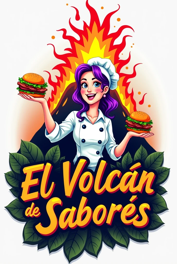 Could you please create a logo for a fast food restaurant like homemade hamburgers with a white female chef with purple hair with a grill, a volcano and with the name El Volcán de Sabores written on it?