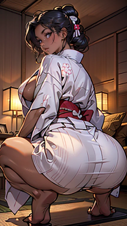 there is a woman who is squatting on the sofa,(((Uma MILF: 1.4))), (curved:1.35),(((darkskin))),curved physique,, thick body，((large nipple)),((completely naked)), (((grabbing the ass under the yukata))),((opened the yukata)),sakimichan, model in Japan，((Sexual suggestiveness)),
