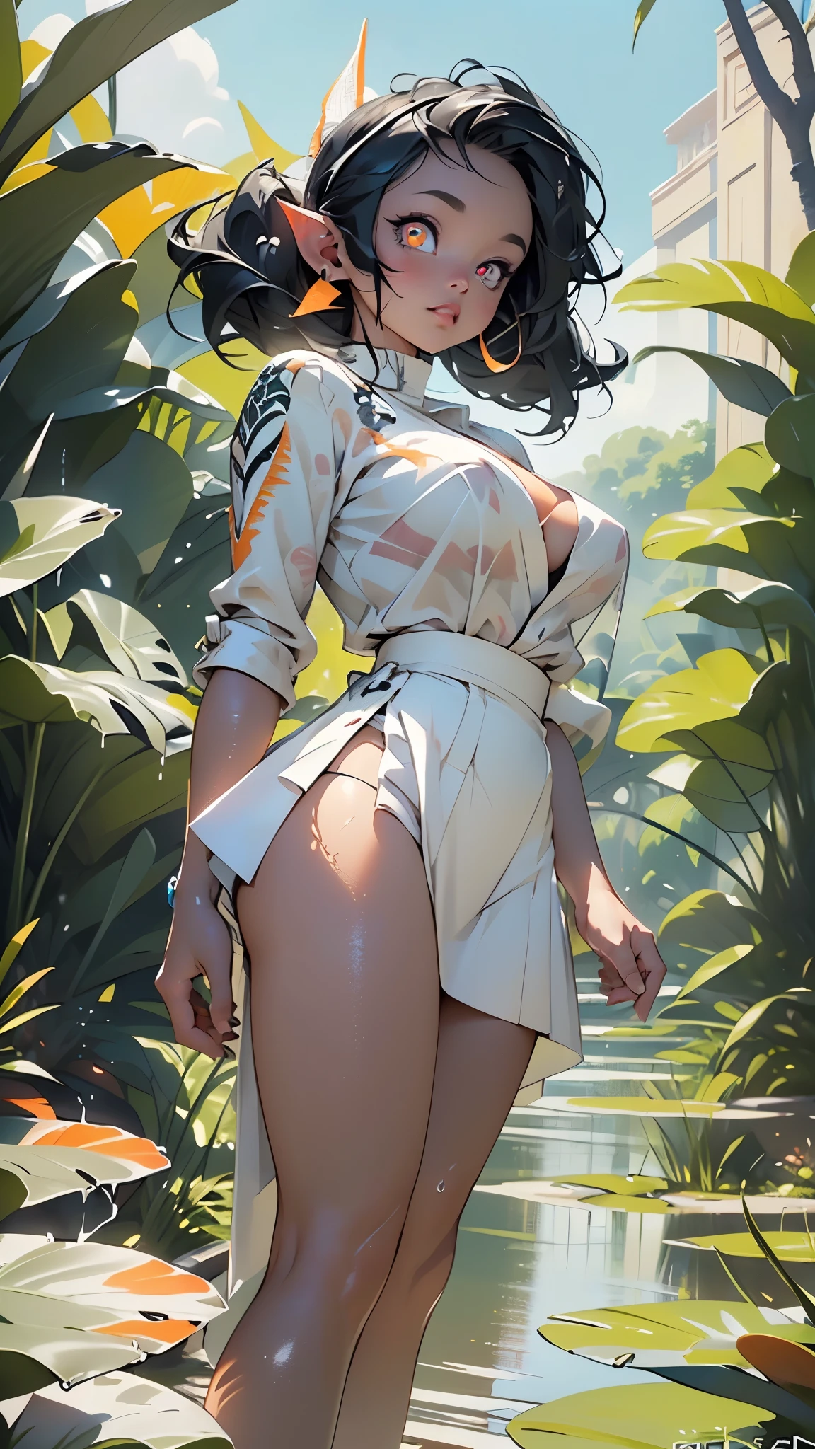 (Background with:ponds,Cherry blossom forest,lotus flower)Lie underwater, She has short blonde hair,bobo head,seen from the front,mostly cloudy sky,(((tmasterpiece),(Very detailed CG unity 8K wallpaper),best qualtiy,cinmatic lighting,detailed back ground,beatiful detailed eyes,Bright pupils,Blue eyes,Snow-whiteskin,Redlip(Very fine and beautiful),(Beautiful and detailed eye description),ultra - detailed,tmasterpiece,))facing at camera,A high resolution,ultra - detailed),revealing breasts,Bare genitalia, Bulge,legs are open,Raised sexy,Camel toes,Desire for dissatisfaction,frontage,Chinese Air Force(Wearing :耳Nipple Ring, jewely, Dark green bomber jacket,Bare )Officer's cap