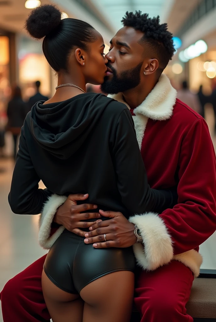 black woman hair in a bun black hoodie black leather short shorts butt cheeks showing excited and eyes wide open on her face setting in santa claus lap at the mall 8k santa has his hands around her waist and kissing her neck hands in her ass cheeks
