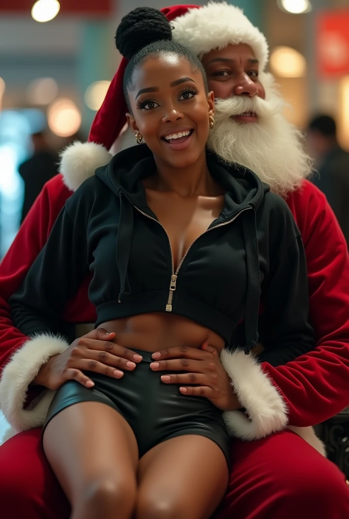 black woman hair in a bun black hoodie black leather short shorts butt cheeks showing excited and eyes wide open on her face setting in santa claus lap at the mall 8k santa has his hands around her waist and kissing her neck hands in her ass cheeks
