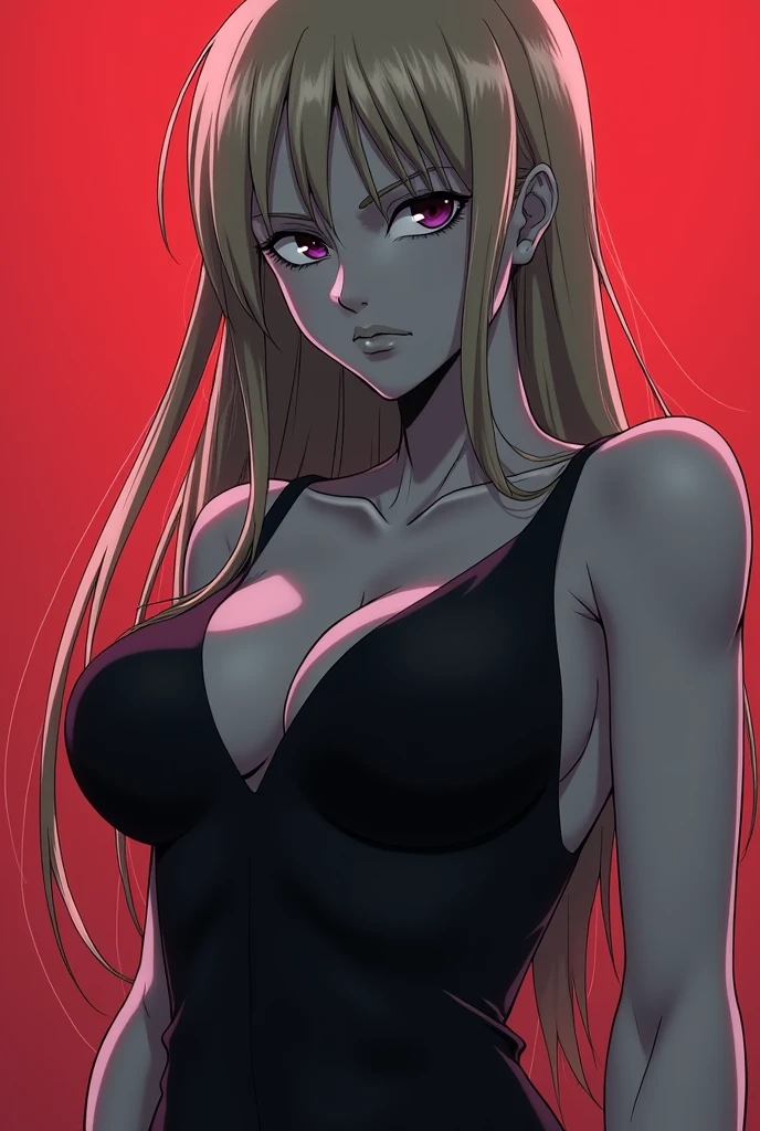 In bleach anime style with red silt dress in sexual posing A 6' 6" tall, gray skinned woman with distrustful, dark purple eyes, hollow cheeks, an oval face, a rounded jaw and large ears. She has straight, dark blonde hair, wears clothes that are form fitting, wears thin eyeliner, an obvious foundation and hazy eyeshadow, and she seems distinctive.