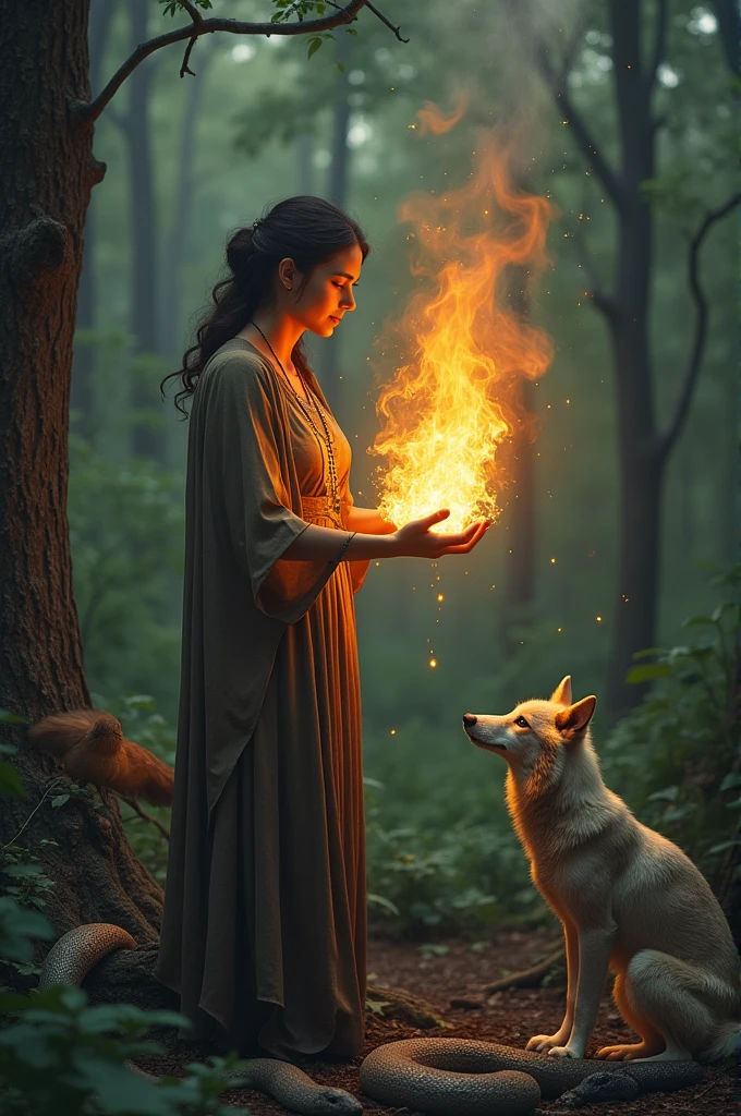 Generate a woman that has mytical flame coming out of her hand and is surrounded by snakes a birds and wolfs talking to them in the forest