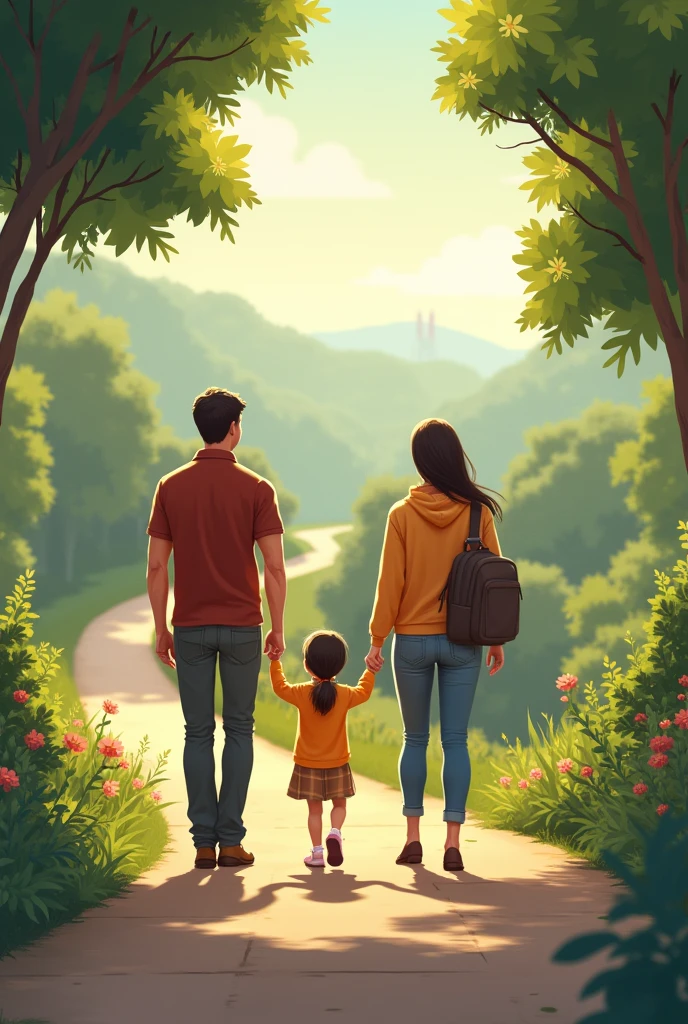 After arriving, The girl and her parents went out for a walk