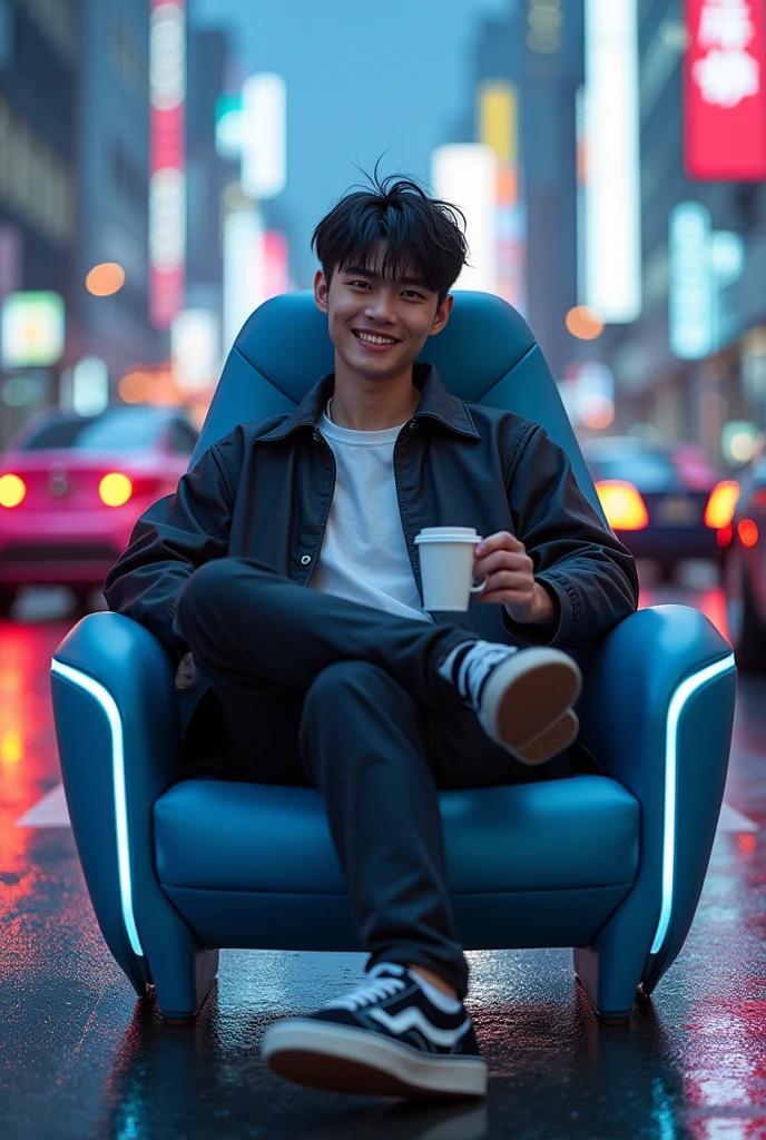 a young man shorty black messy haircut, wear outfit jacket clothes, long pant clothes, wear vans shoes, sit down in elite chair on middle road while holding white coffee glass cup, natural, sweetly smile, future places, colorful lighting sun, future cars, award winning photography, real hyper realistic, real human japanese, UHD 8k, detailed photo, perfect face, detailed places, landscape, full body, photo was taken from a long distance in the future city