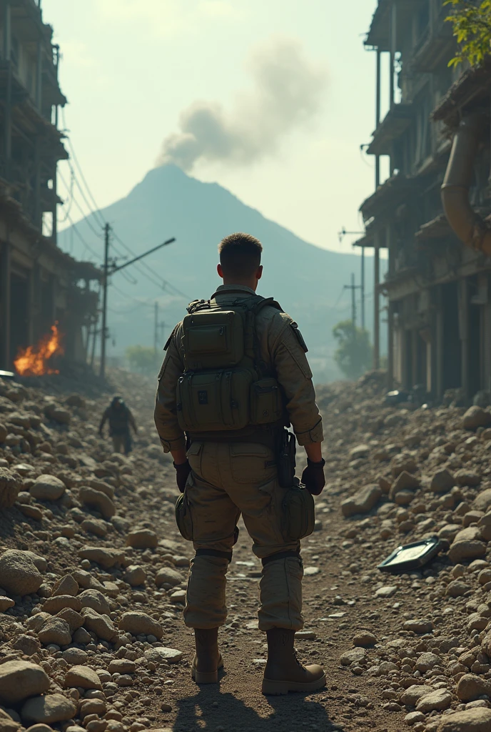 1940; (masterpiece, best quality) destroyed city (Rio de Janeiro) American soldier going to war