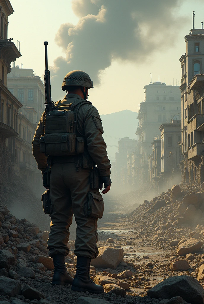 1940; (masterpiece, best quality) destroyed city (Rio de Janeiro) American soldier going to war