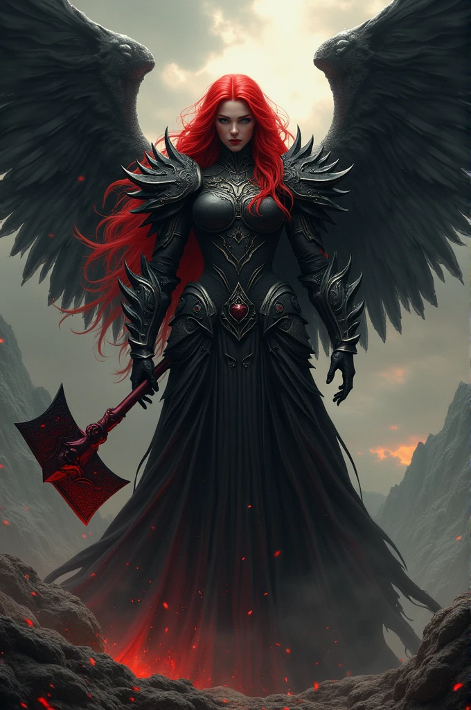 Fallen angel with long red hair, black armor and a large red hammer
