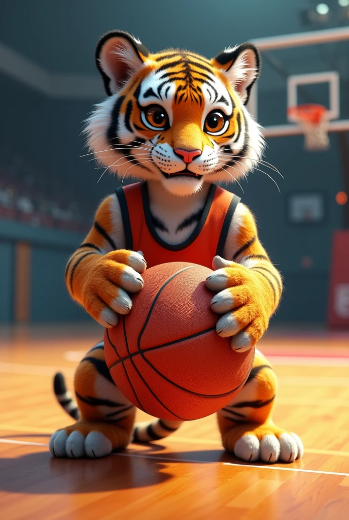 Based on the little tiger. Create a handball team photo, with the name "tigers", where the tiger will represent the little tiger. The animal must have a handball in its hand, no people in the photo just the animal on a handball court