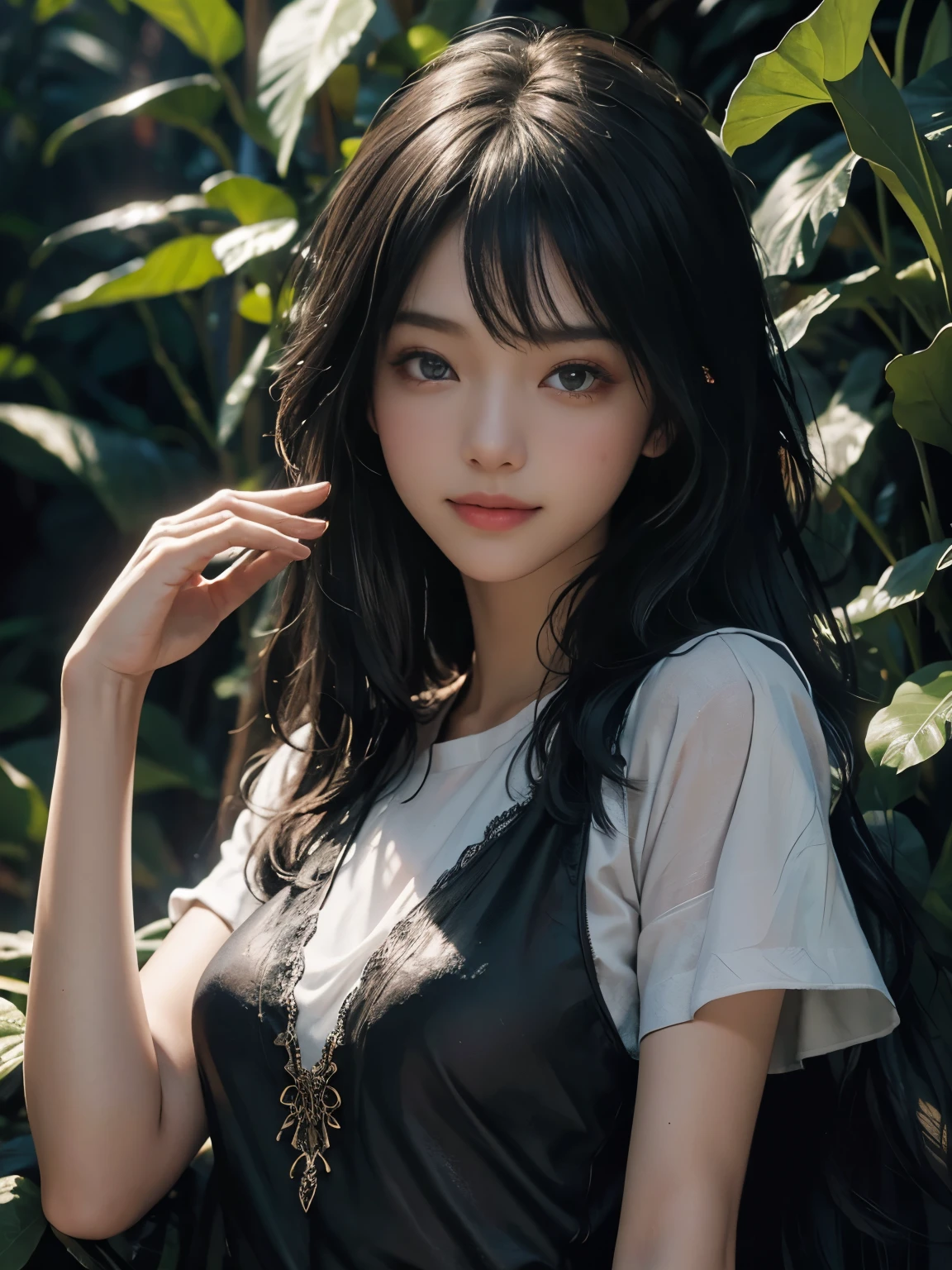 (ultra realistic) , (illustration), (increase resolution), (8K), (extremely detailed), (best illustration), (beautiful detailed eyes), (best quality), (ultra-detailed), (masterpiece), (wallpaper), (detailed face), 1 girl, black straight hair, slender body, delicate details, in the dark, deep shadow, low key, pureerosfaceace_v1, happy smile, summer dress, waterfall, rainforest