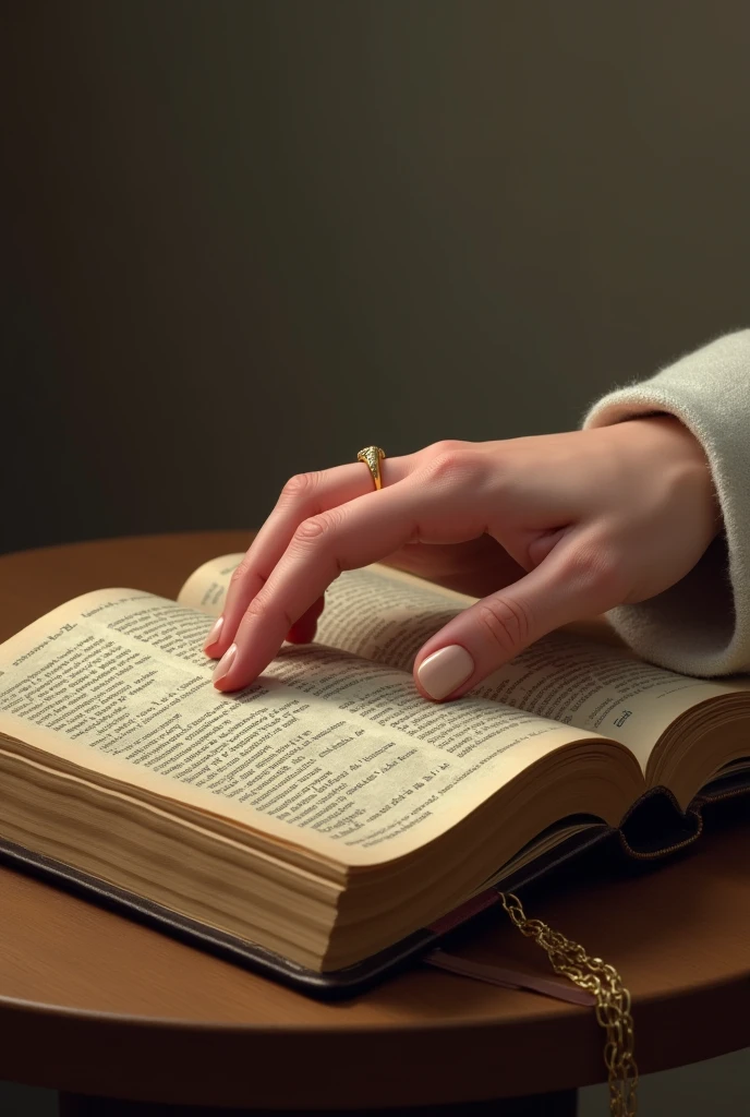 Bible book with a woman&#39;s hand on it  