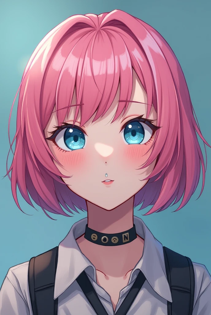 A short to her chin pink hair girl, with blue eyes and a septum piercing and small shape