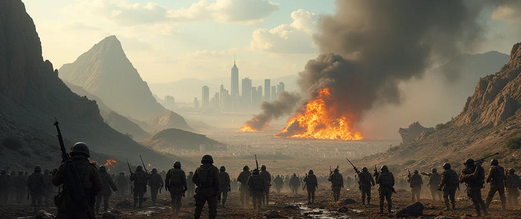 1970; (masterpiece, best quality) destroyed mountains (Buenos Aires) battle of enemy armies on a battlefield