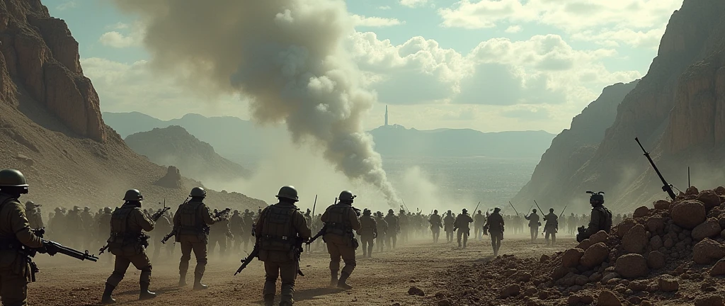 1970; (masterpiece, best quality) destroyed mountains (Buenos Aires) battle of enemy armies on a battlefield
