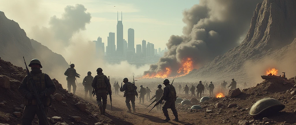 1970; (masterpiece, best quality) destroyed mountains (Buenos Aires) battle of enemy armies on a battlefield