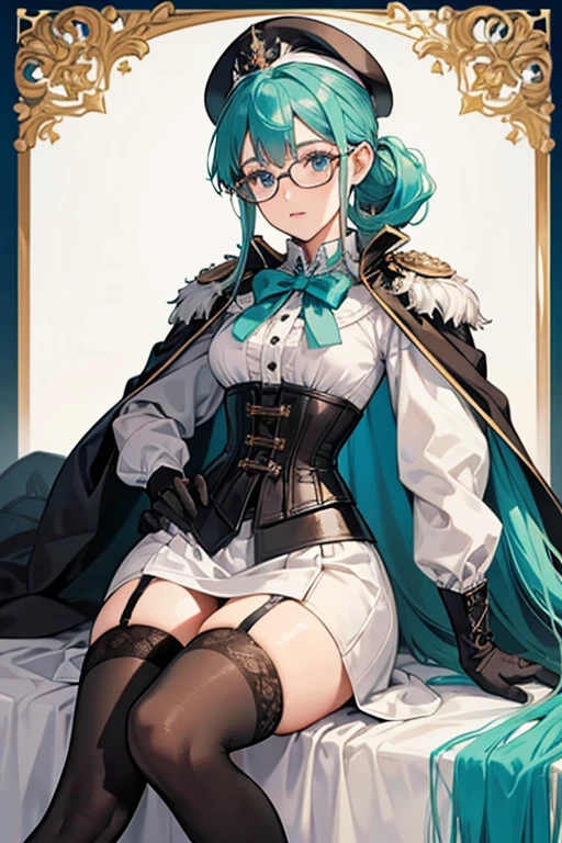 The long section of Sucrose's mint hair is tied into a low ponytail. Her Anemo Vision is attached as a brooch to her cape collar. She wears thick, white gloves; dark brown-rimmed glasses; a blue corset with a ruffled hem and the Knights of Favonius crest on the black inner-part; and a pair of white boots and black thigh-highs stockings with garter. She also wears a white and blue beret that has a smaller Knights of Favonius crest on the front. SPARKLE; GLITTER