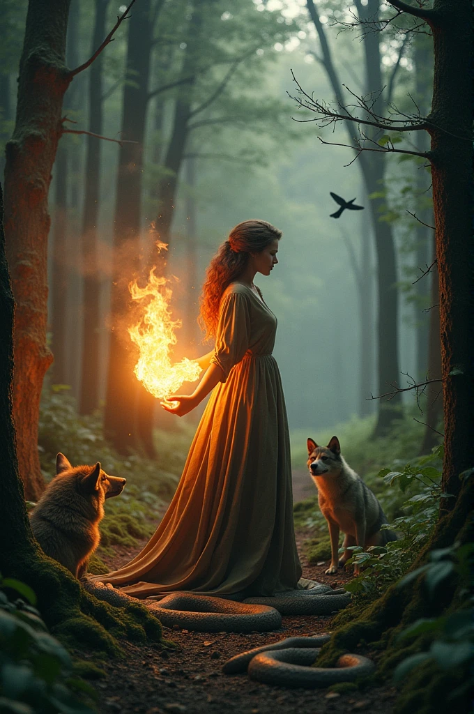 Generate a woman that has mytical flame coming out of her hand and is surrounded by snakes a birds and wolfs talking to them in the forest