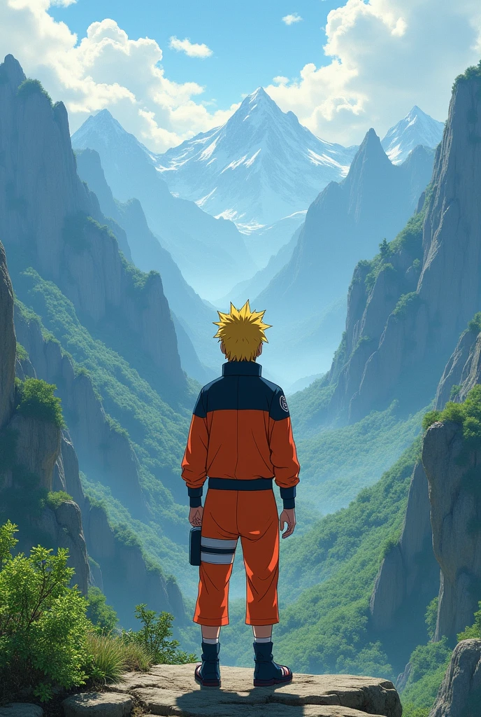 (((Naruto))) wearing (((orange outfit))), overlooking a breathtaking mountain view.