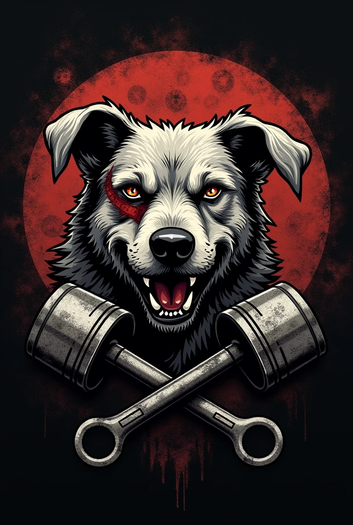 I need a motorcycle club crest with an angry stray dog in the center, with a scar on his left eye with small wings coming out from behind it and two crossed pistons at the bottom