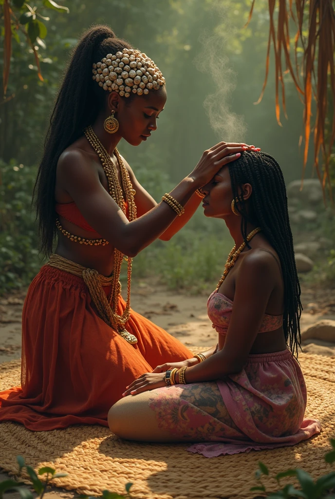An African woman orisa yemoja shells in her hair placing her hands on the head of a woman sitting on a straw mat