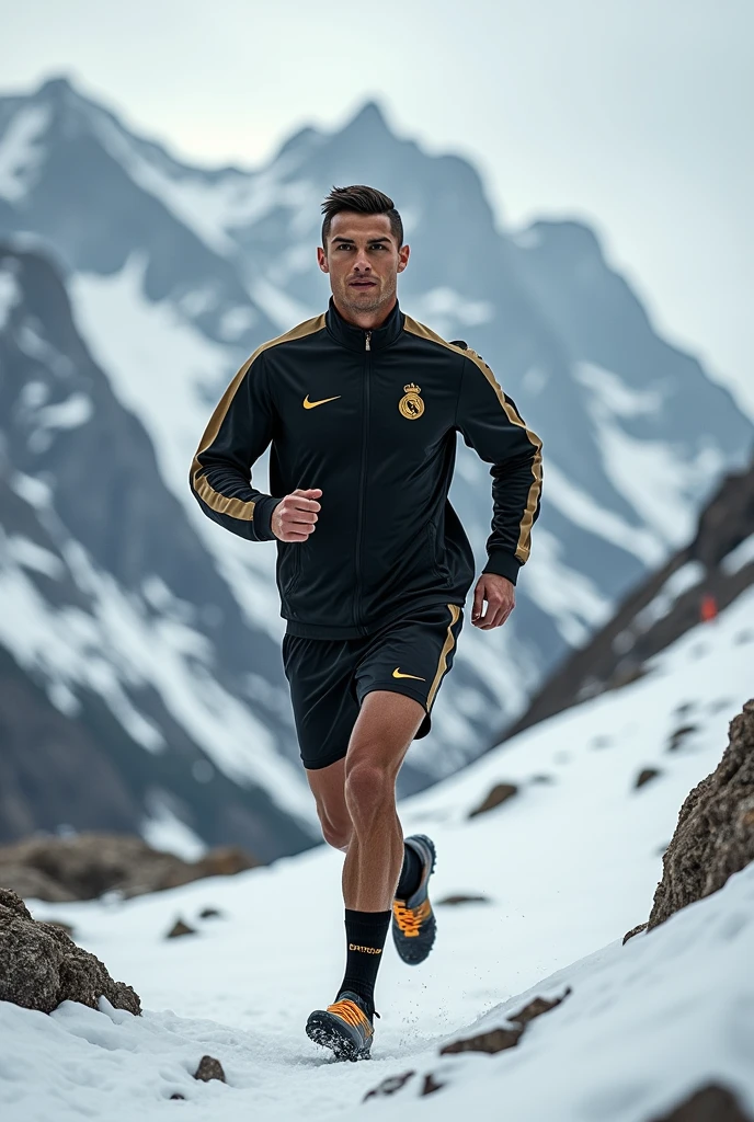 Cristiano Ronaldo ;portant un survêtement nike noir et kaki;sur les montagnes;entrain de s'entraîner;en hiver