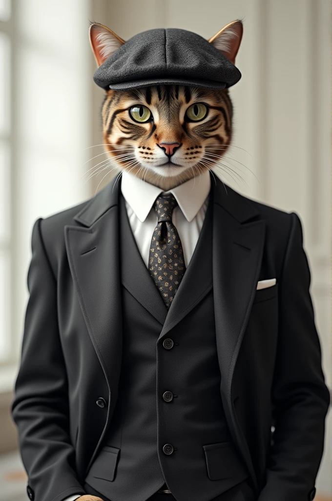 A cat in a suit and cap