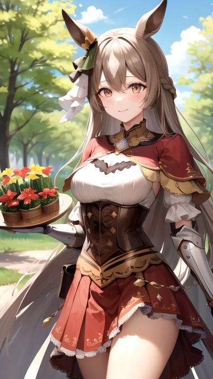 masterpiece, best quality, highres, {{8k}},
BREAK,
aasato, long hair, half updo, braid, hair between eyes, animal ears, ear ornament, medium breasts, plate armor, long red skirt, cowboy shot, shy smile, blush, cute, wide hips, busty,
BREAK,
outdoor, castle,