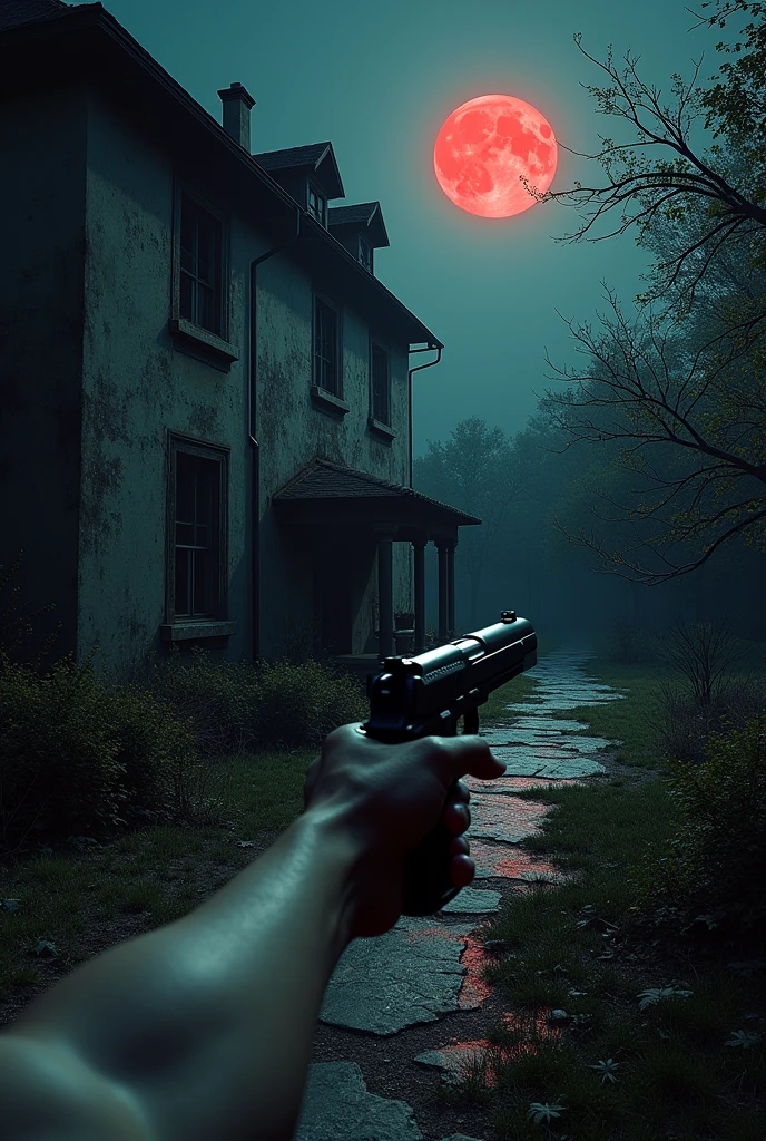 FIRST PERSON POSPECT with an arm holding a pistol, garden of an old residence, at night, a blood-colored moon in the sky